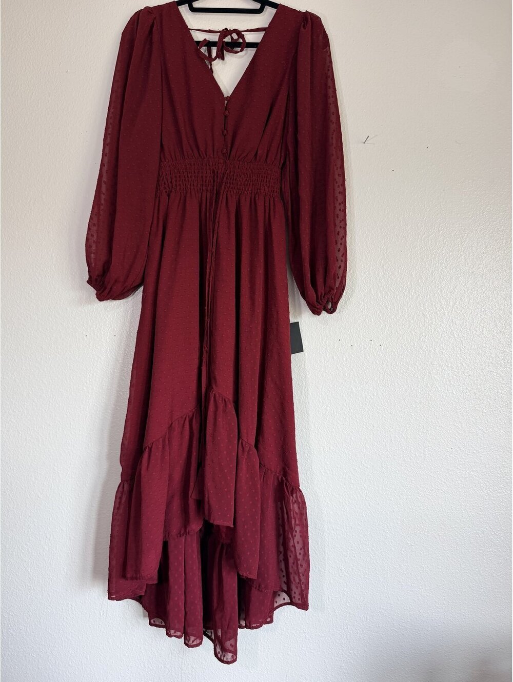 Lulus Burgundy Clip Dot Chiffon Tiered Maxi Dress Balloon Sleeve Size M NWT